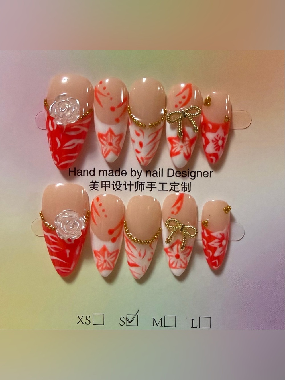 Handmade Nude & Coral Floral Press-On Nail Set by
